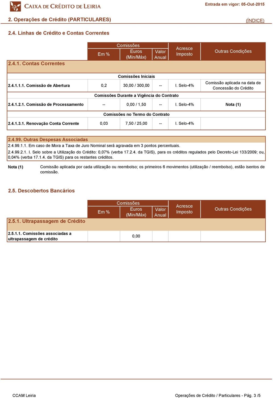 Selo-4% 2.4.99. Outras Despesas Associadas 2.4.99.1.1. Em caso de Mora a Taxa de Juro Nominal será agravada em 3 pontos percentuais. 2.4.99.2.1. I. Selo sobre a Utilização do Crédito: 0,07% (verba 17.