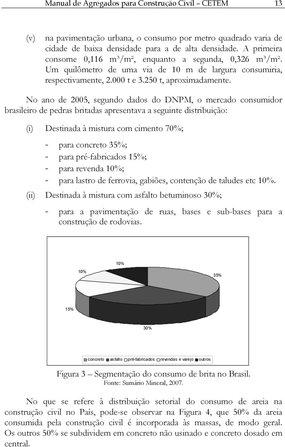 No ano de 2005, segundo dados do DNPM, o mercado consumidor brasileiro de pedras britadas apresentava a seguinte distribuição: (i) Destinada à mistura com cimento 70%; - para concreto 35%; - para