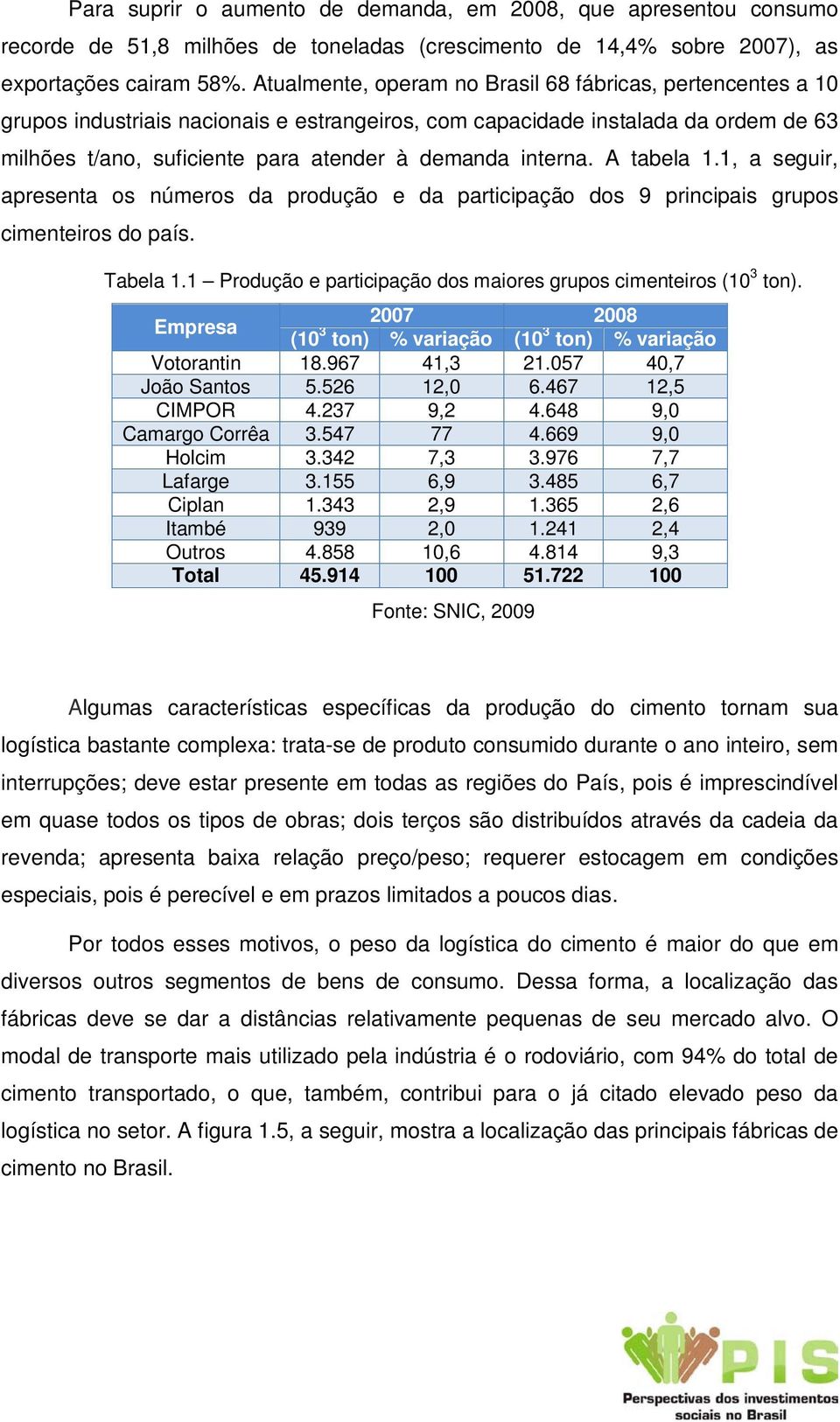 interna. A tabela 1.1, a seguir, apresenta os números da produção e da participação dos 9 principais grupos cimenteiros do país. Tabela 1.