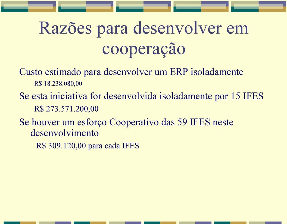 080,00 Se esta iniciativa for desenvolvida isoladamente por 15 IFES R$