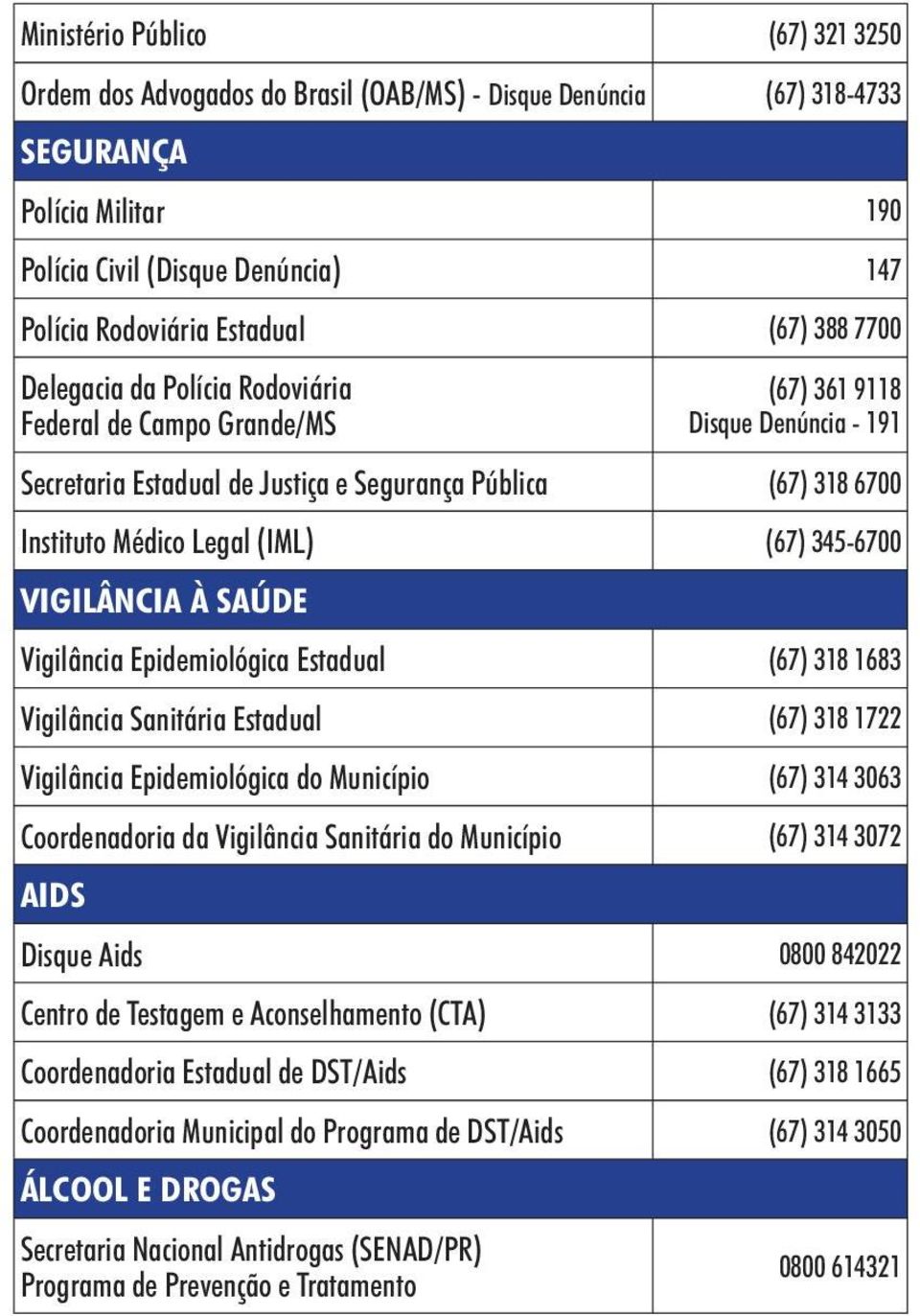 (IML) (67) 345-6700 VIGILÂNCIA À SAÚDE Vigilância Epidemiológica Estadual (67) 318 1683 Vigilância Sanitária Estadual (67) 318 1722 Vigilância Epidemiológica do Município (67) 314 3063 Coordenadoria