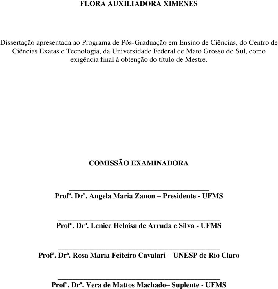 de Mestre. COMISSÃO EXAMINADORA Profª. Drª. Angela Maria Zanon Presidente - UFMS Profª. Drª. Lenice Heloisa de Arruda e Silva - UFMS Profª.