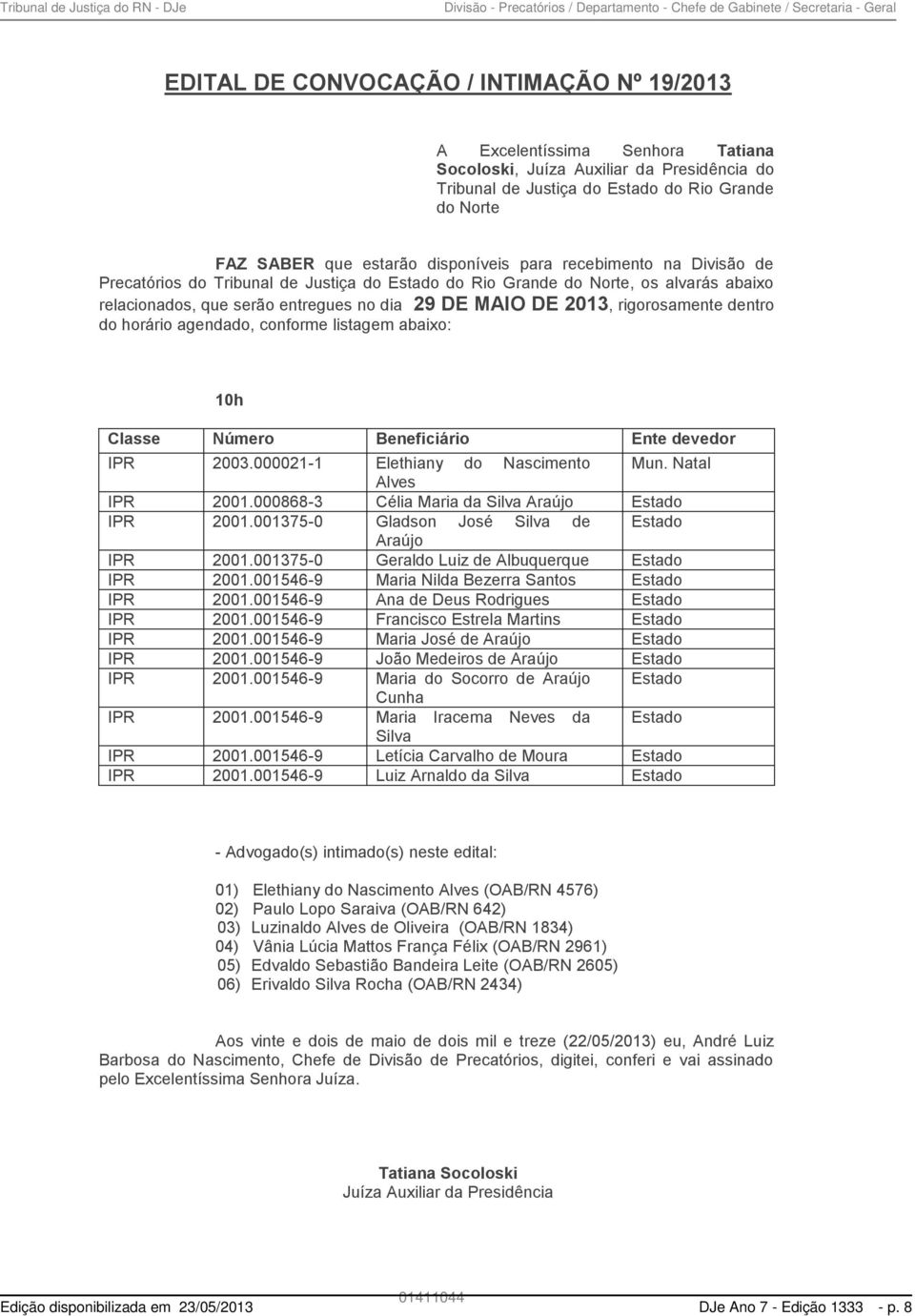 abaixo relacionados, que serão entregues no dia 29 DE MAIO DE 2013, rigorosamente dentro do horário agendado, conforme listagem abaixo: 10h Classe Número Beneficiário Ente devedor IPR 2003.