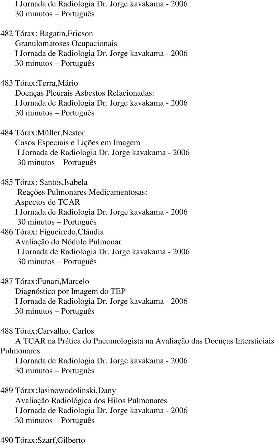 Jorge kavakama - 2006 30 minutos Português 484 Tórax:Müller,Nestor Casos Especiais e Lições em Imagem I Jornada de Radiologia Dr.