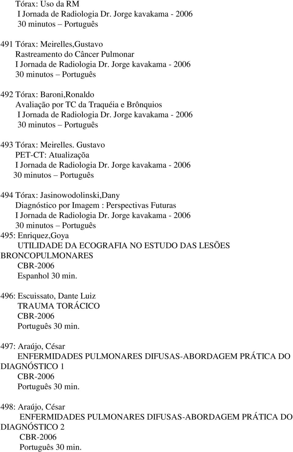 Jorge kavakama - 2006 30 minutos Português 493 Tórax: Meirelles. Gustavo PET-CT: Atualizaçõa I Jornada de Radiologia Dr.