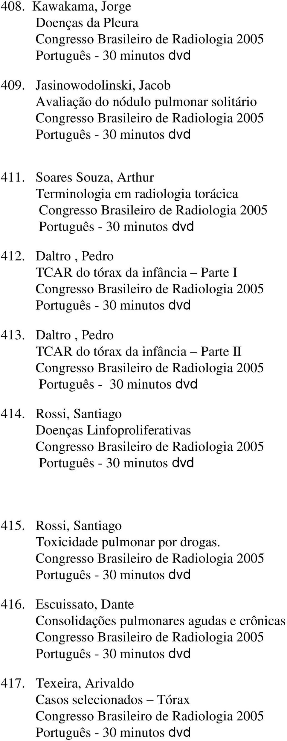 Soares Souza, Arthur Terminologia em radiologia torácica Congresso Brasileiro de Radiologia 2005 Português - 30 minutos dvd 412.