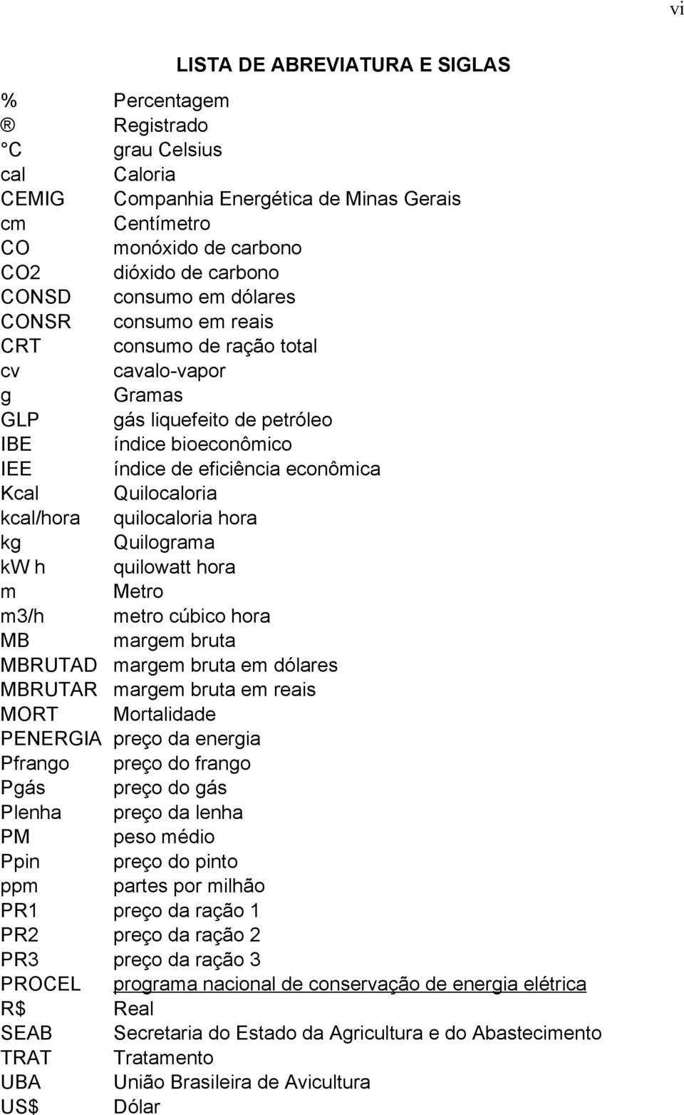 Quilocaloria kcal/hora quilocaloria hora kg Quilograma kw h quilowatt hora m Metro m3/h metro cúbico hora MB margem bruta MBRUTAD margem bruta em dólares MBRUTAR margem bruta em reais MORT