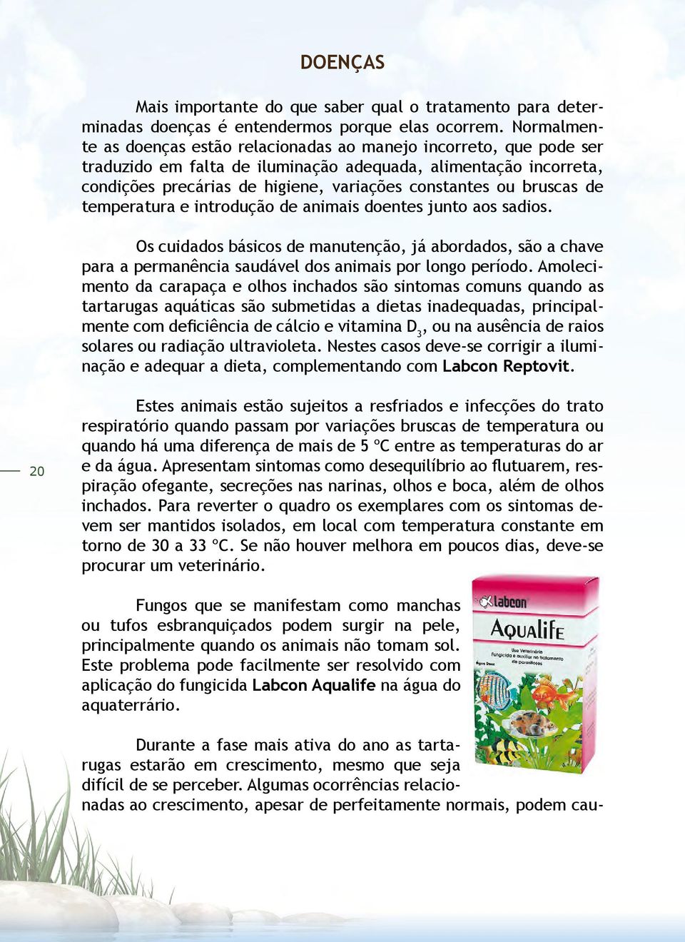 bruscas de temperatura e introdução de animais doentes junto aos sadios. Os cuidados básicos de manutenção, já abordados, são a chave para a permanência saudável dos animais por longo período.