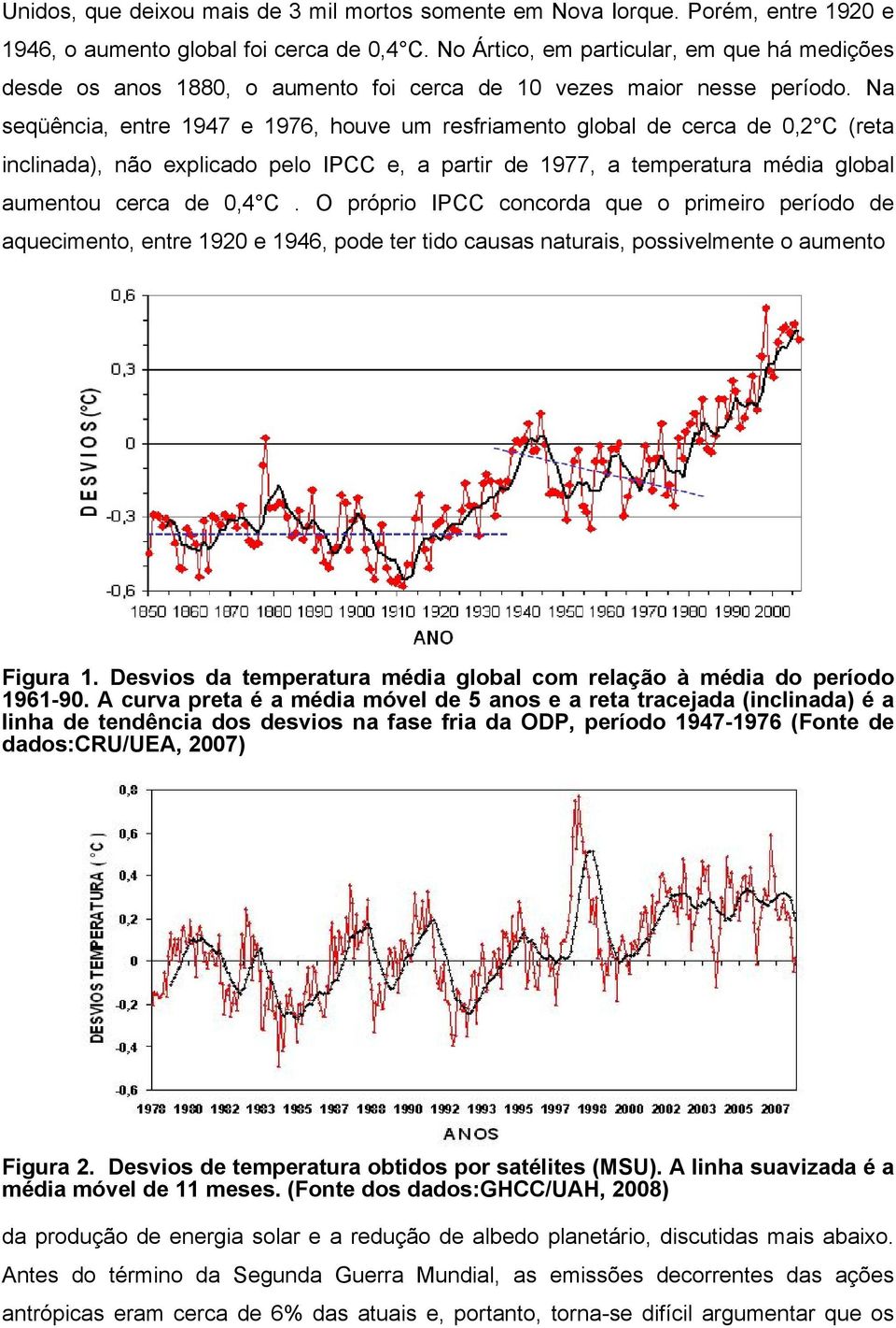 Na seqüência, entre 1947 e 1976, houve um resfriamento global de cerca de 0,2 C (reta inclinada), não explicado pelo IPCC e, a partir de 1977, a temperatura média global aumentou cerca de 0,4 C.