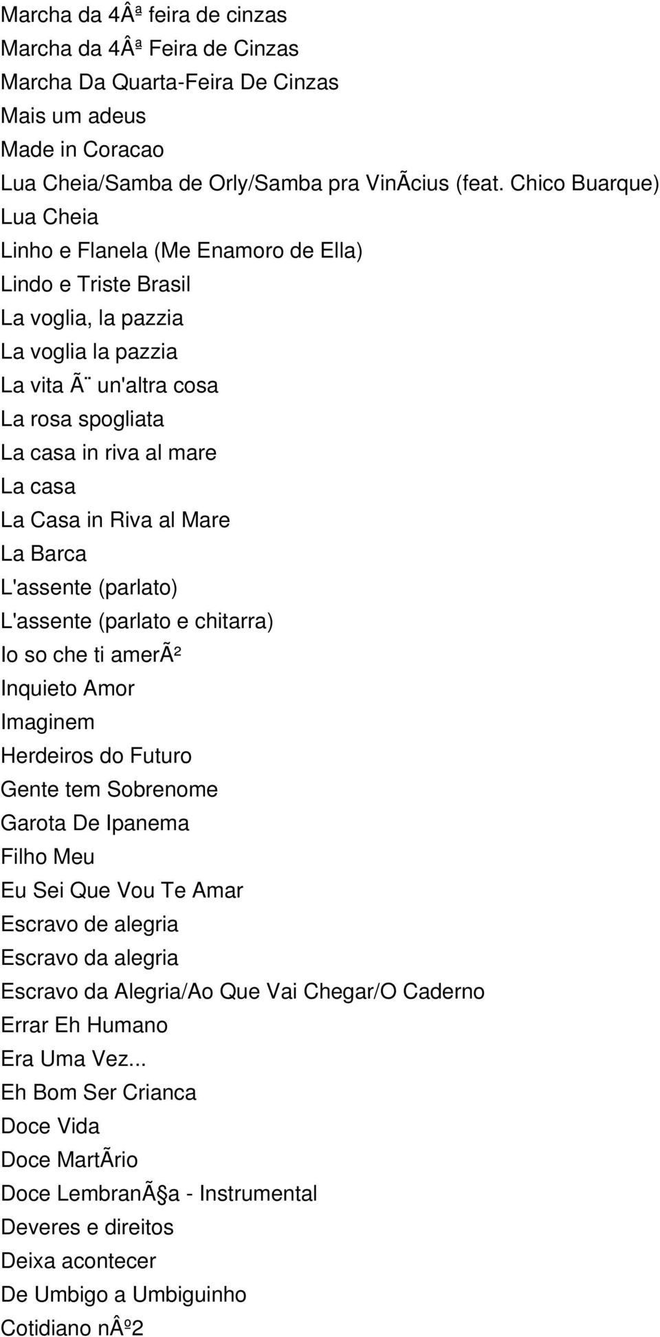 La Casa in Riva al Mare La Barca L'assente (parlato) L'assente (parlato e chitarra) Io so che ti amerã² Inquieto Amor Imaginem Herdeiros do Futuro Gente tem Sobrenome Garota De Ipanema Filho Meu Eu