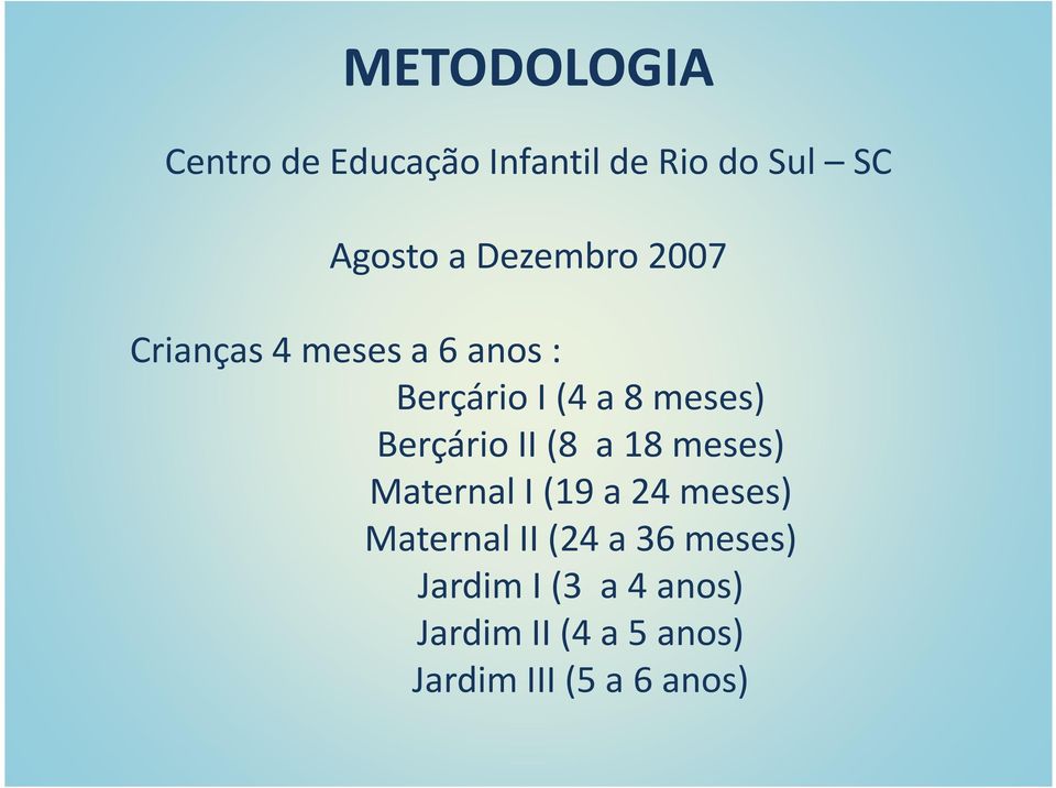 Berçário II (8 a 18 meses) Maternal I (19 a 24 meses) Maternal II (24