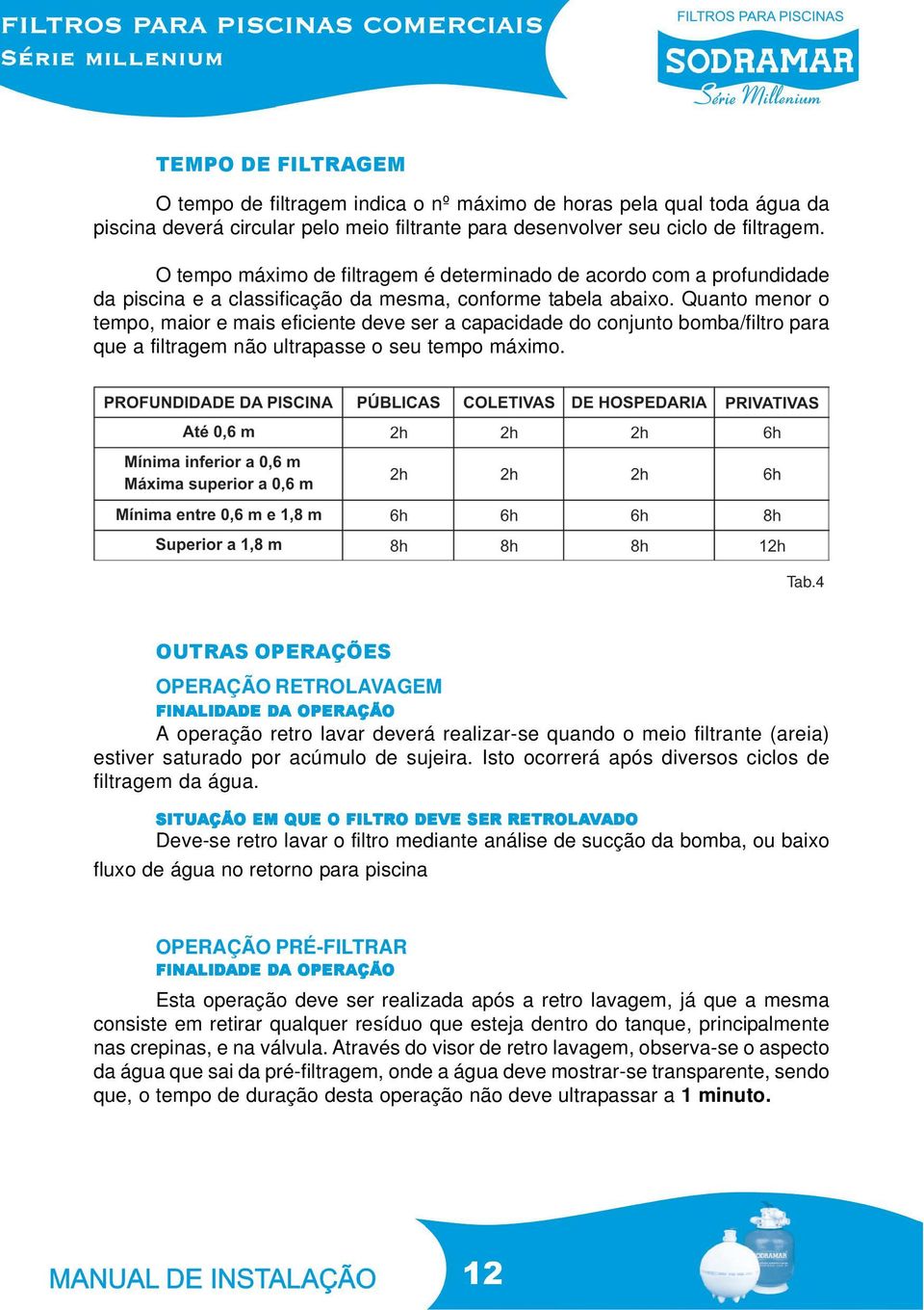 Quanto menor o tempo, maior e mais eficiente deve ser a capacidade do conjunto bomba/filtro para que a filtragem não ultrapasse o seu tempo máximo. Tab.