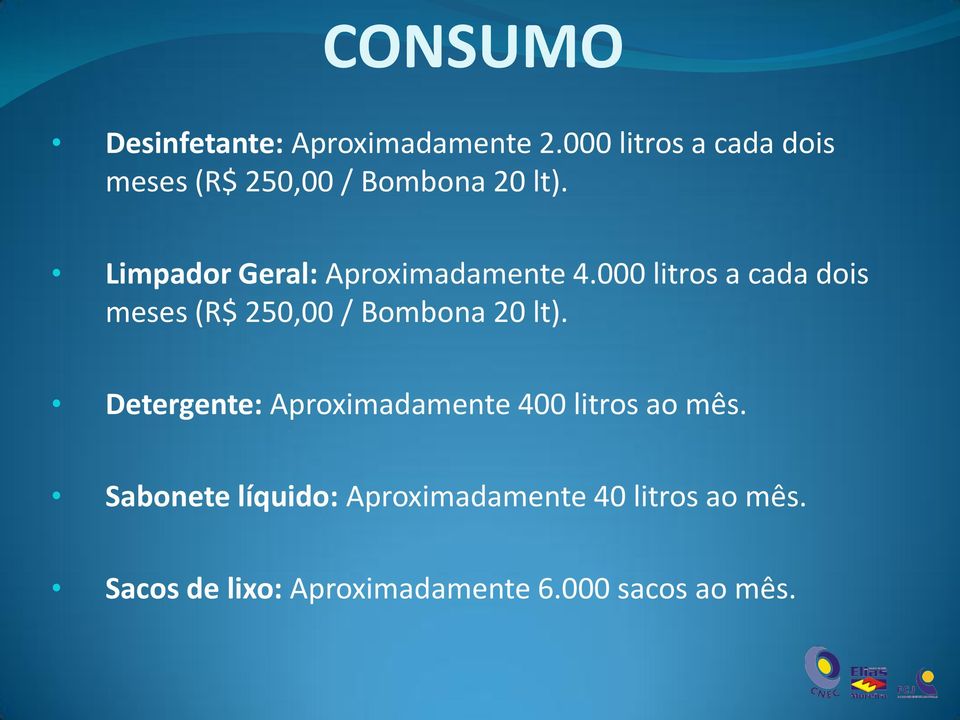 Limpador Geral: Aproximadamente 4. Detergente: Aproximadamente 400 litros ao mês.