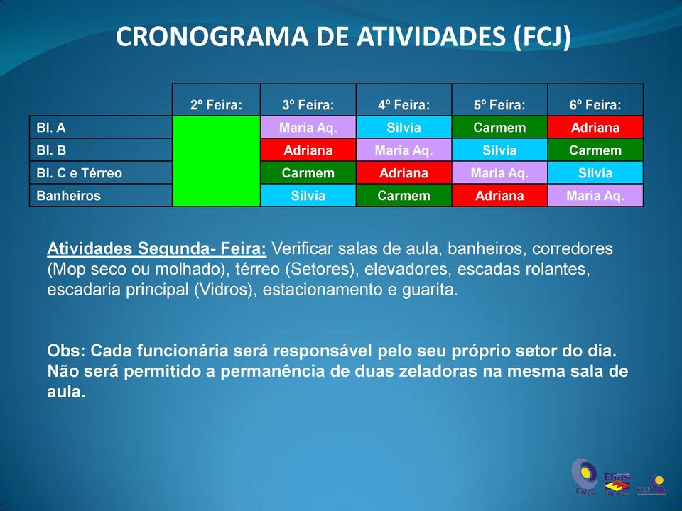 Atividades Segunda- Feira: Verificar salas de aula, banheiros, corredores (Mop seco ou molhado), térreo (Setores), elevadores, escadas rolantes,