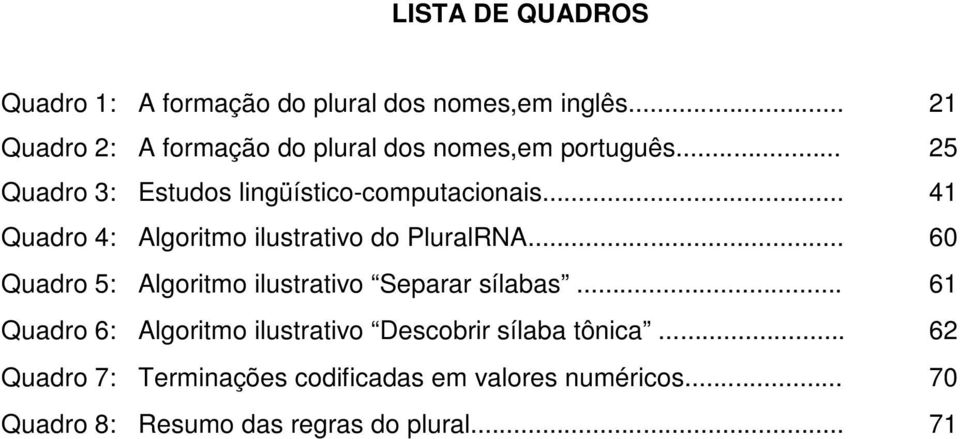 .. 41 Quadro 4: Algoritmo ilustrativo do PluralRNA... 60 Quadro 5: Algoritmo ilustrativo Separar sílabas.