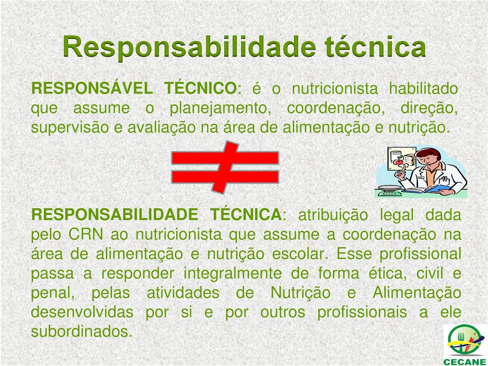 RESPONSABILIDADE TÉCNICA: atribuição legal dada pelo CRN ao nutricionista que assume a coordenação na área de alimentação