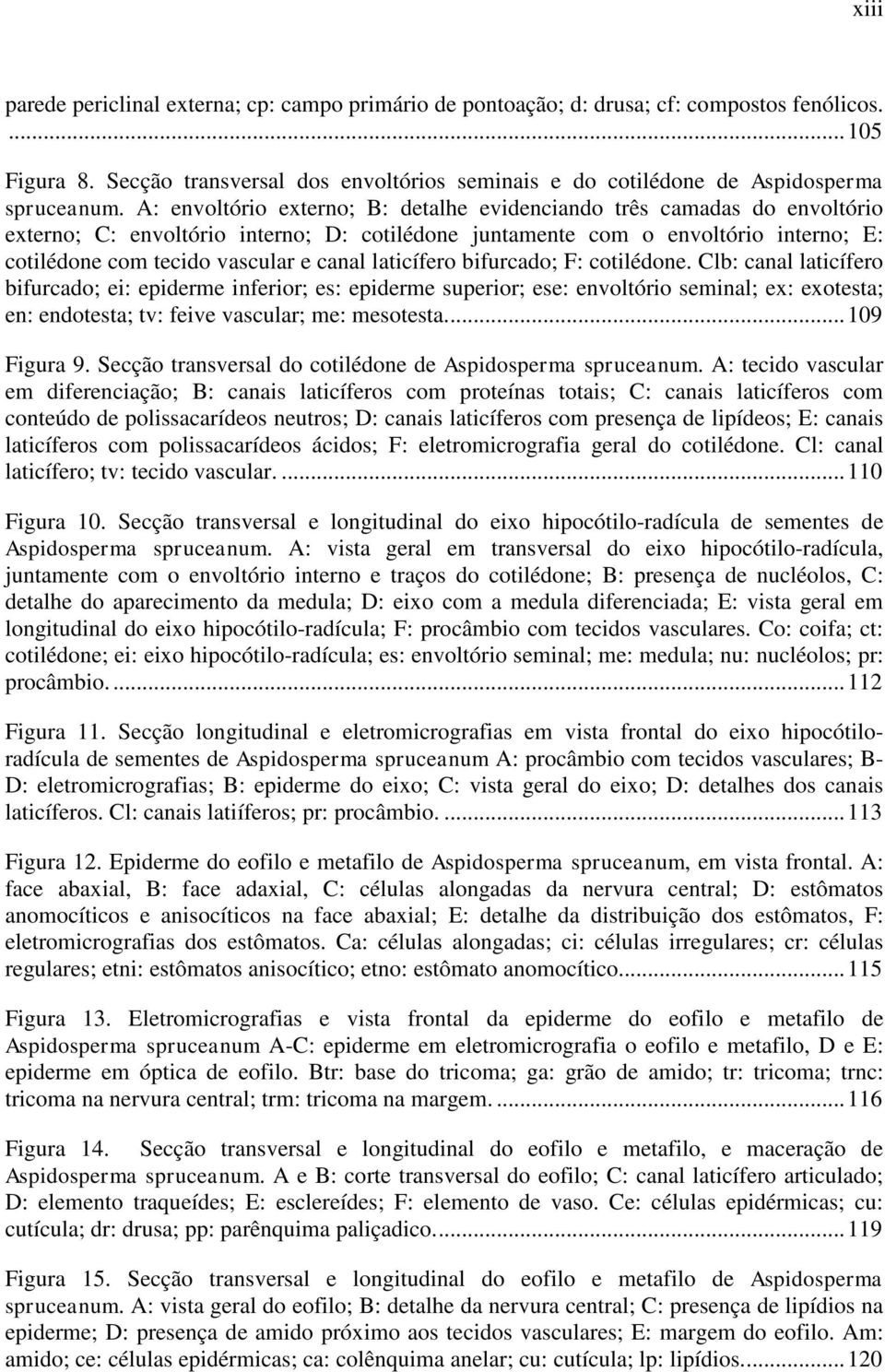 A: envoltório externo; B: detalhe evidenciando três camadas do envoltório externo; C: envoltório interno; D: cotilédone juntamente com o envoltório interno; E: cotilédone com tecido vascular e canal