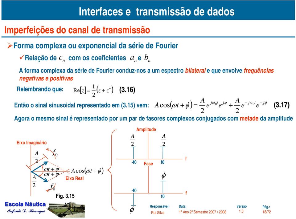 6) A jω t jφ A jωt j Acos ωt + φ = e e + e e (3.7) Relembrando que: [] ( ) n Então o sinal sinusoidal representado em (3.