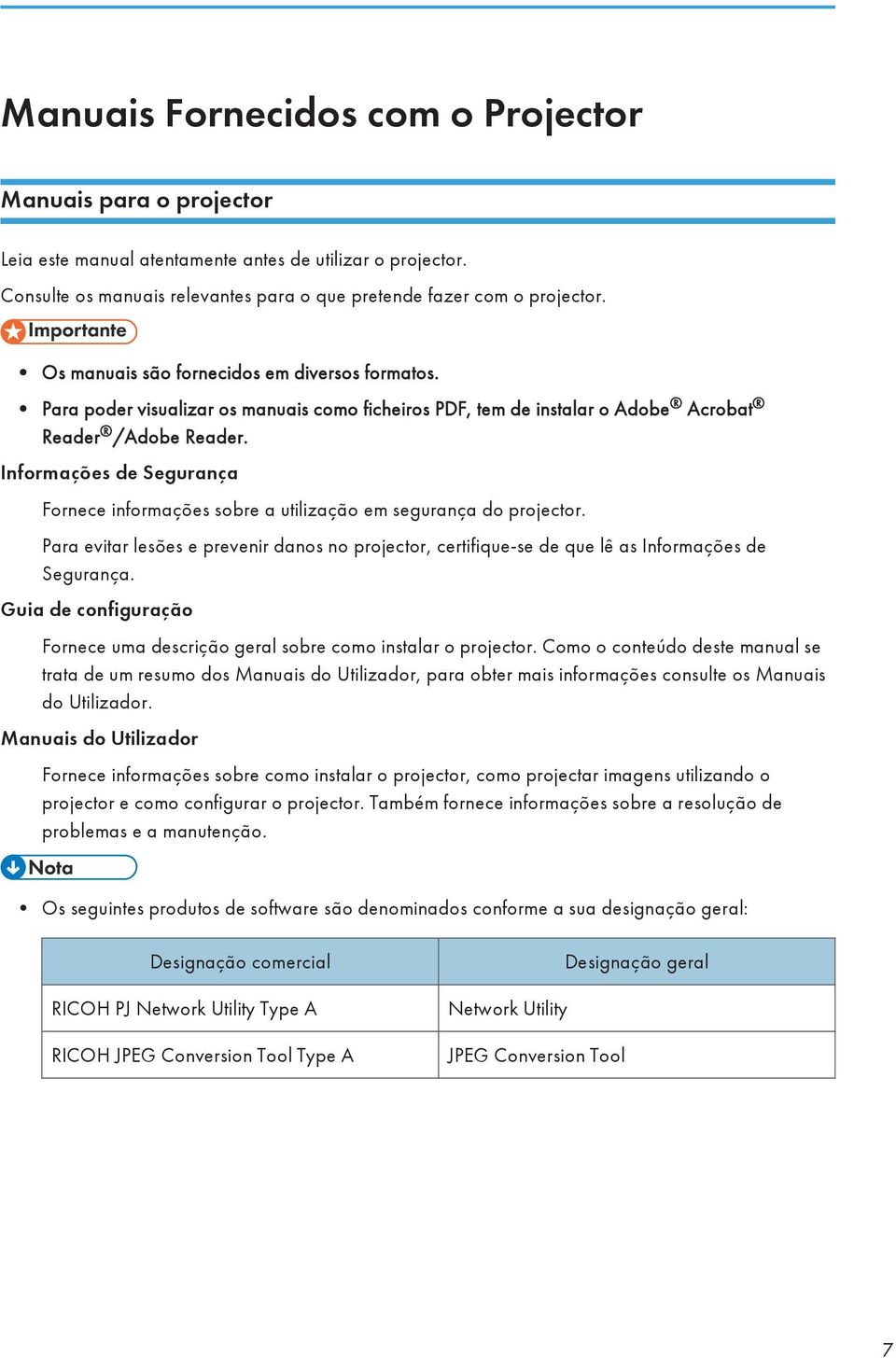 Informações de Segurança Fornece informações sobre a utilização em segurança do projector. Para evitar lesões e prevenir danos no projector, certifique-se de que lê as Informações de Segurança.