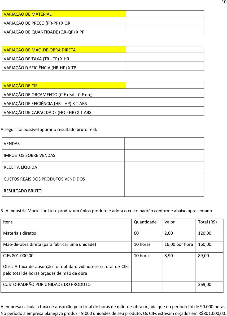 IMPOSTOS SOBRE VENDAS RECEITA LÍQUIDA CUSTOS REAIS DOS PRODUTOS VENDIDOS RESULTADO BRUTO 3- A Indústria Marte Lar Ltda.