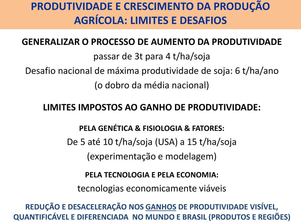 GENÉTICA & FISIOLOGIA & FATORES: De 5 até 10 t/ha/soja (USA) a 15 t/ha/soja (experimentação e modelagem) PELA TECNOLOGIA E PELA ECONOMIA: