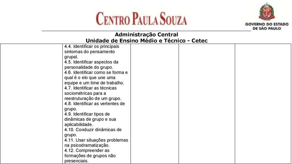 Identificar as técnicas sociométricas para a reestruturação de um grupo. 4.8. Identificar as vertentes de grupo. 4.9.