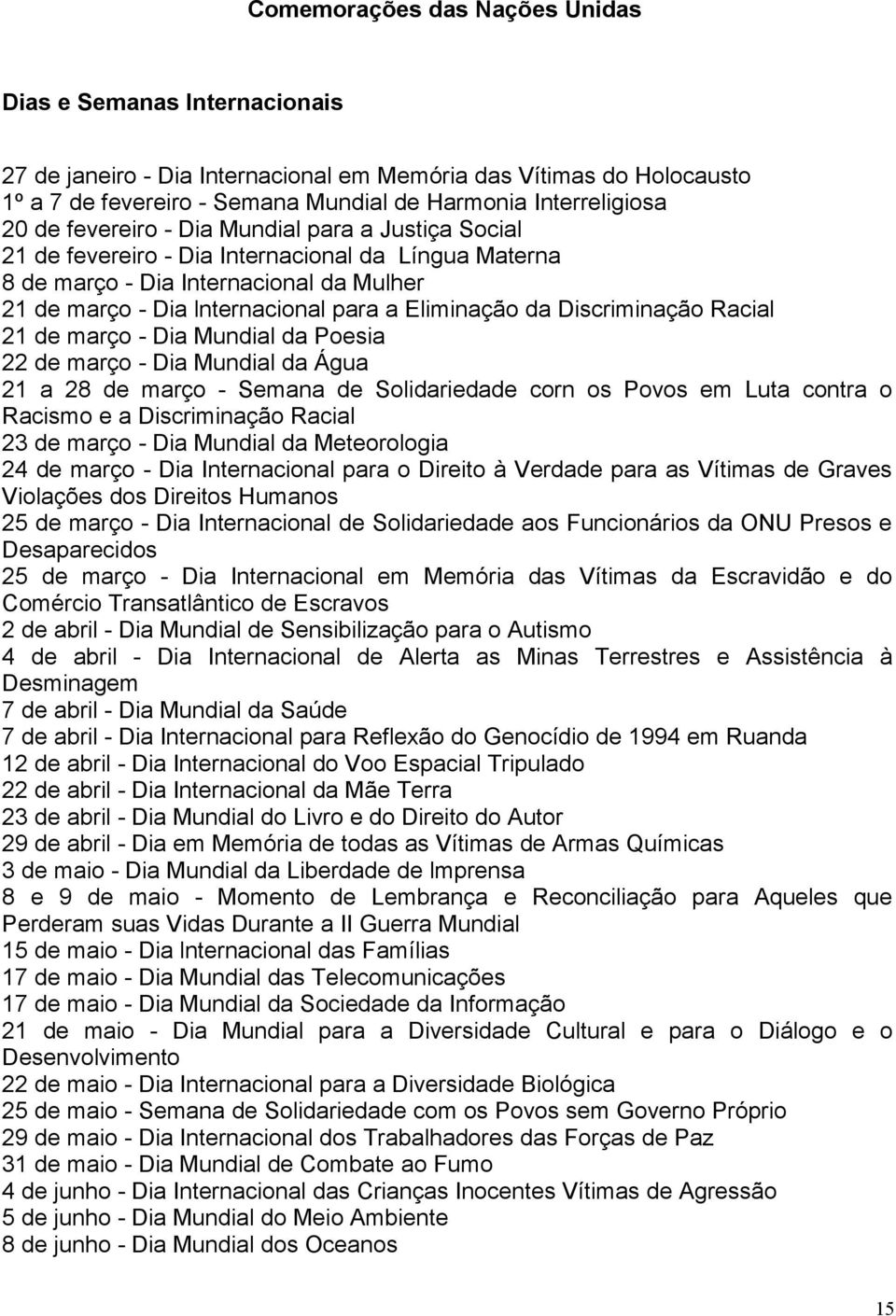 Discriminação Racial 21 de março - Dia Mundial da Poesia 22 de março - Dia Mundial da Água 21 a 28 de março - Semana de Solidariedade corn os Povos em Luta contra o Racismo e a Discriminação Racial