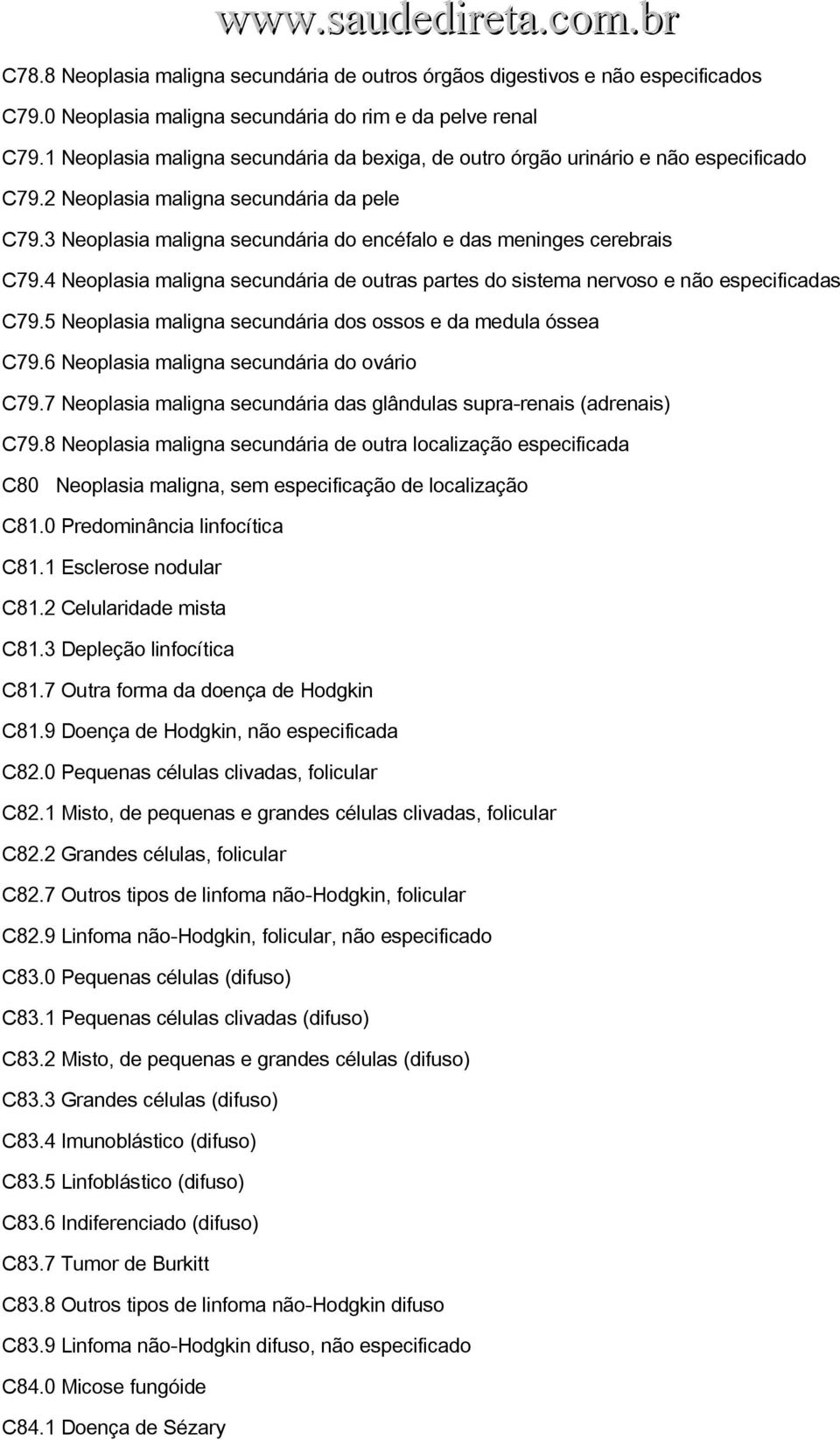 3 Neoplasia maligna secundária do encéfalo e das meninges cerebrais C79.4 Neoplasia maligna secundária de outras partes do sistema nervoso e não especificadas C79.