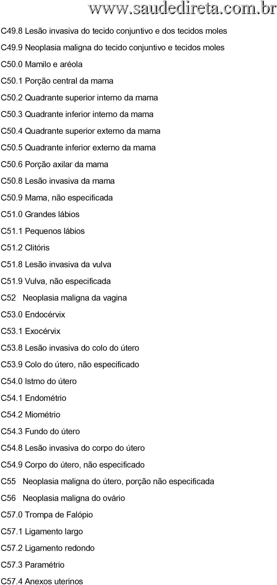 8 Lesão invasiva da mama C50.9 Mama, não especificada C51.0 Grandes lábios C51.1 Pequenos lábios C51.2 Clitóris C51.8 Lesão invasiva da vulva C51.