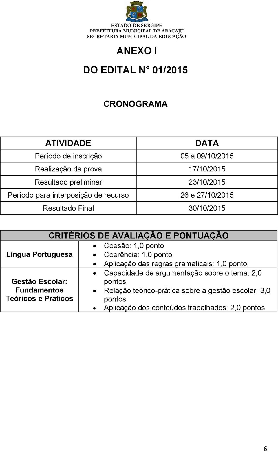 Língua Portuguesa Coerência: 1,0 ponto Aplicação das regras gramaticais: 1,0 ponto Gestão Escolar: Capacidade de argumentação sobre o tema: 2,0