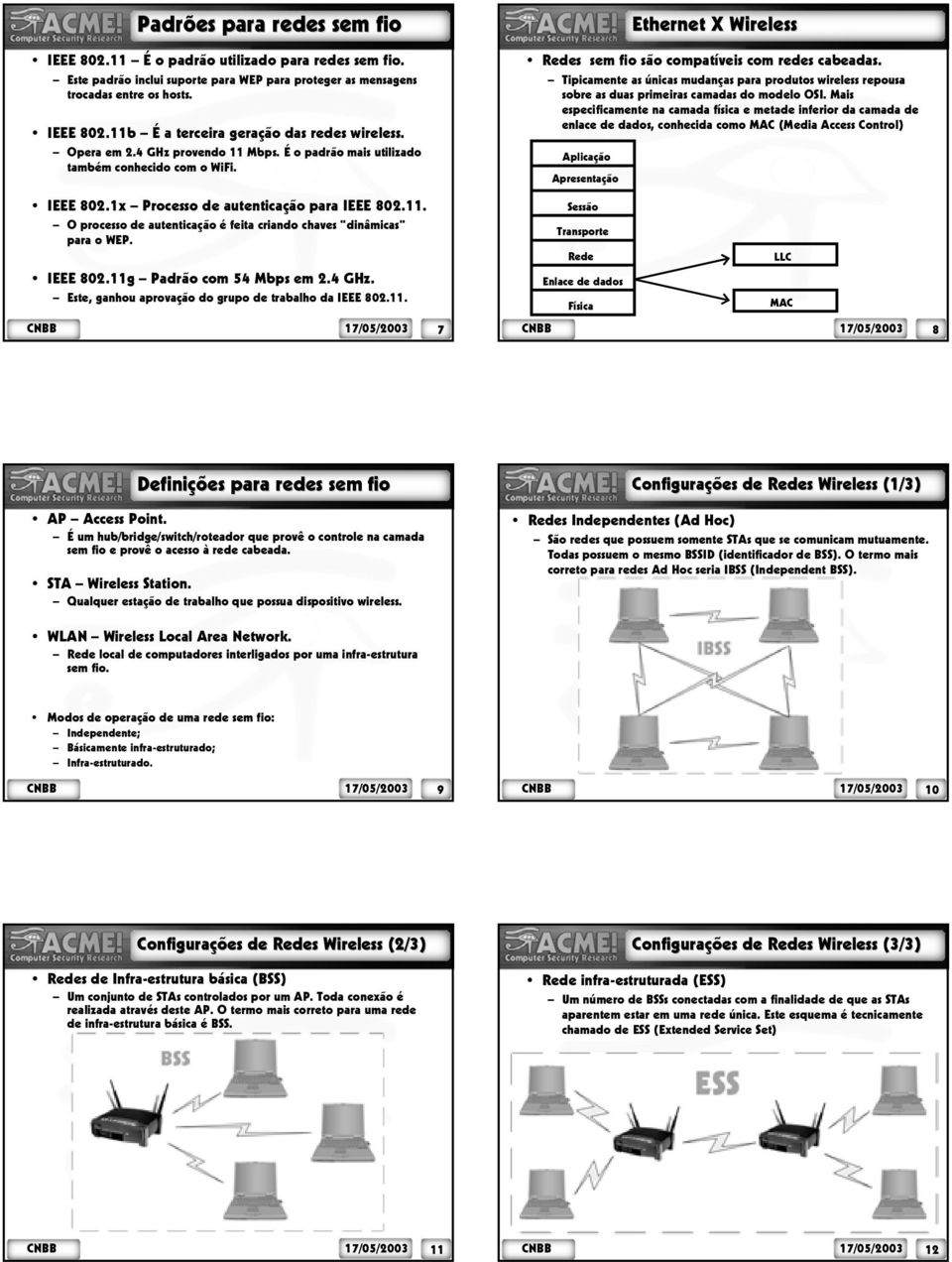 IEEE 802.11g Padrão com 54 Mbps em 2.4 GHz. Este, ganhou aprovação do grupo de trabalho da IEEE 802.11. 7 Ethernet X Wireless Redes sem fio são compatíveis com redes cabeadas.