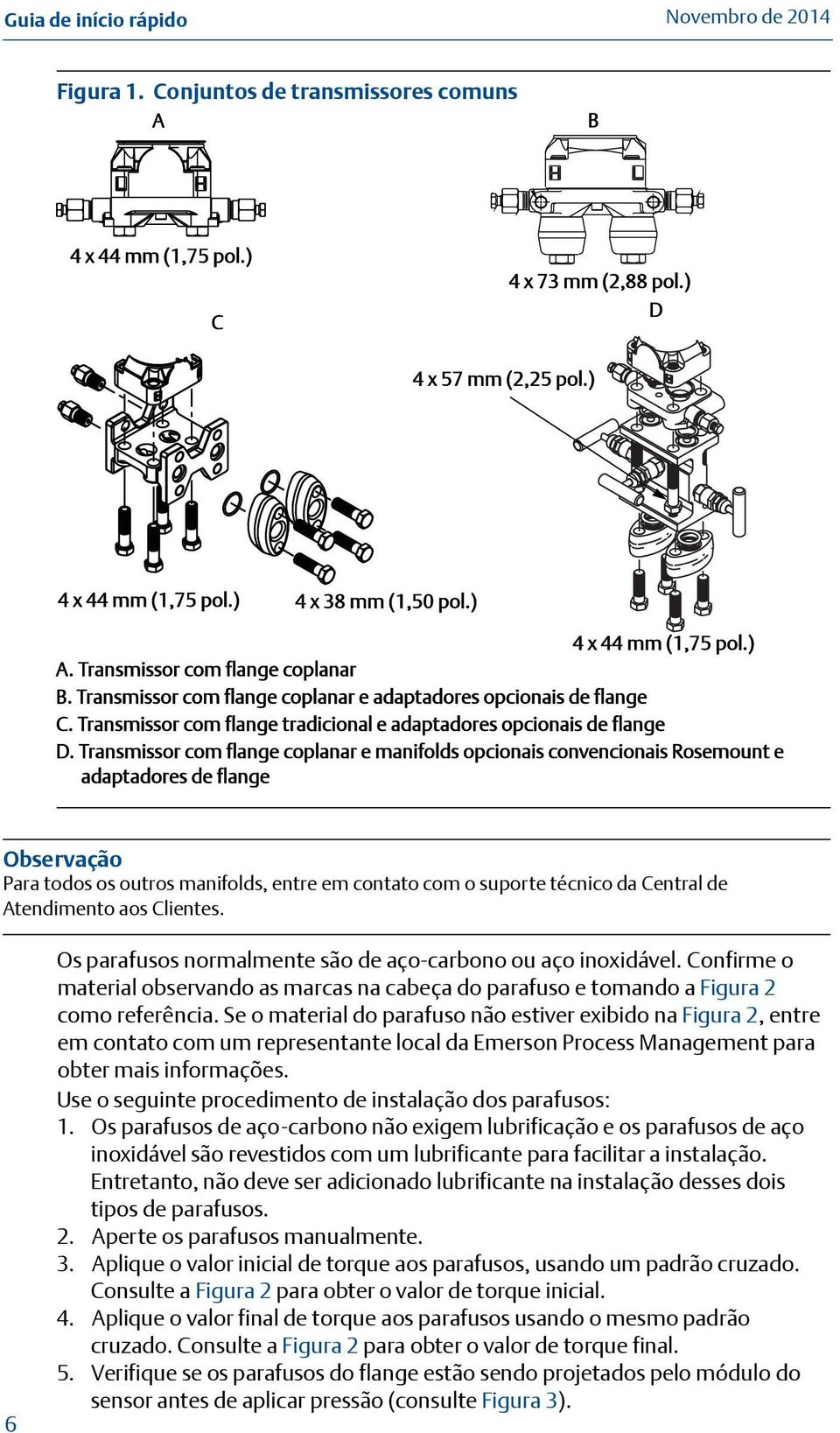 Transmissor com flange coplanar e manifolds opcionais convencionais Rosemount e adaptadores de flange Observação Para todos os outros manifolds, entre em contato com o suporte técnico da Central de