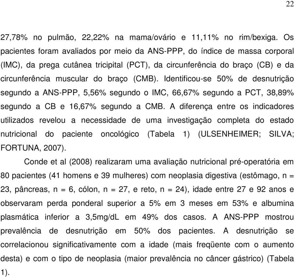 Identificou-se 50% de desnutrição segundo a ANS-PPP, 5,56% segundo o IMC, 66,67% segundo a PCT, 38,89% segundo a CB e 16,67% segundo a CMB.