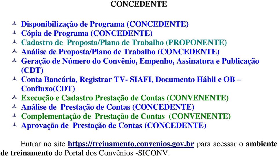 Confluxo(CDT) Execução e Cadastro Prestação de Contas (CONVENENTE) Análise de Prestação de Contas (CONCEDENTE) Complementação de Prestação de Contas (CONVENENTE)