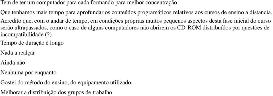 Acredito que, com o andar de tempo, em condições próprias muitos pequenos aspectos desta fase inicial do curso serão ultrapassados, como o caso de