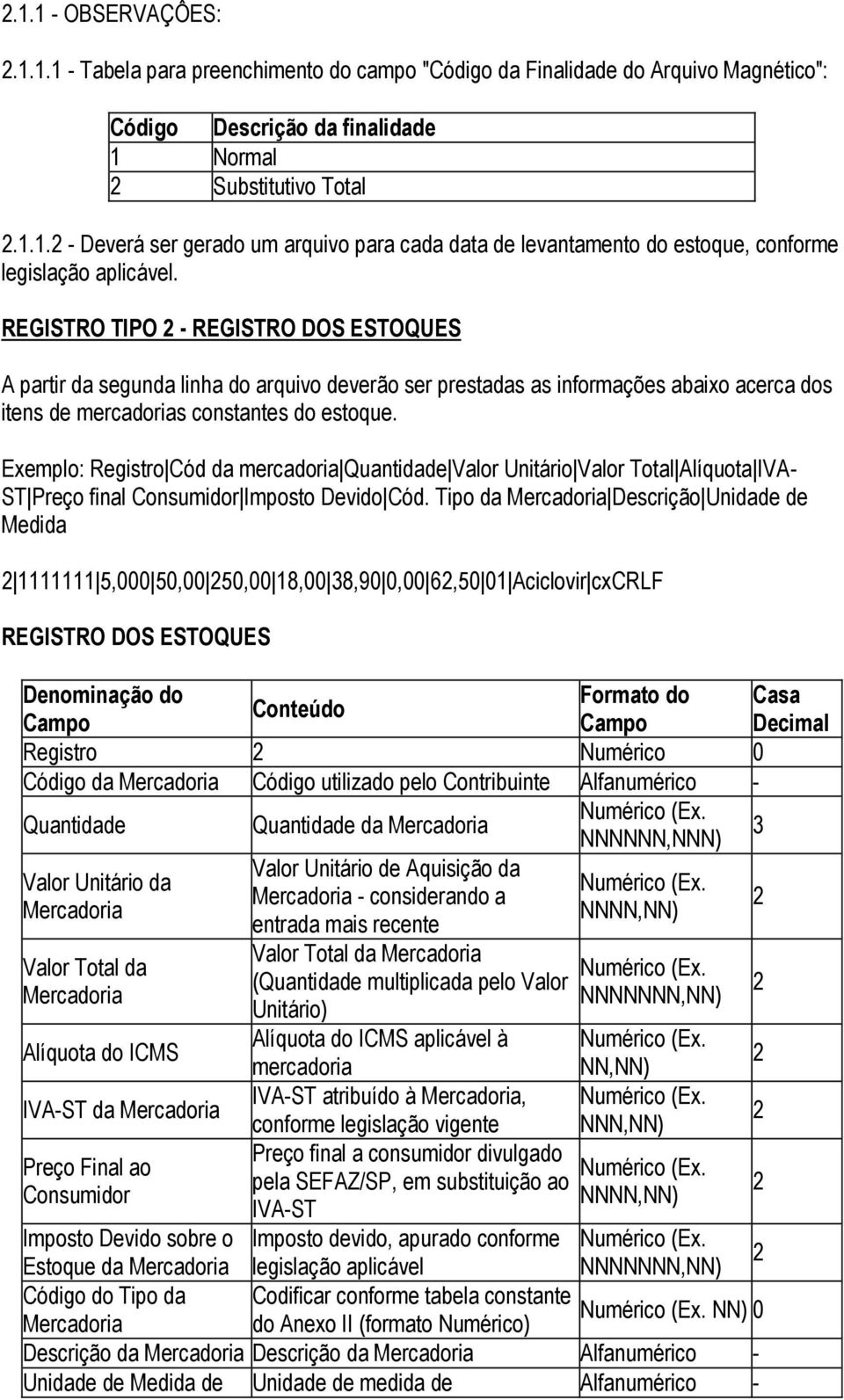 Exemplo: Registro Cód da mercadoria Quantidade Valor Unitário Valor Total Alíquota IVA- ST Preço final Consumidor Imposto Devido Cód.