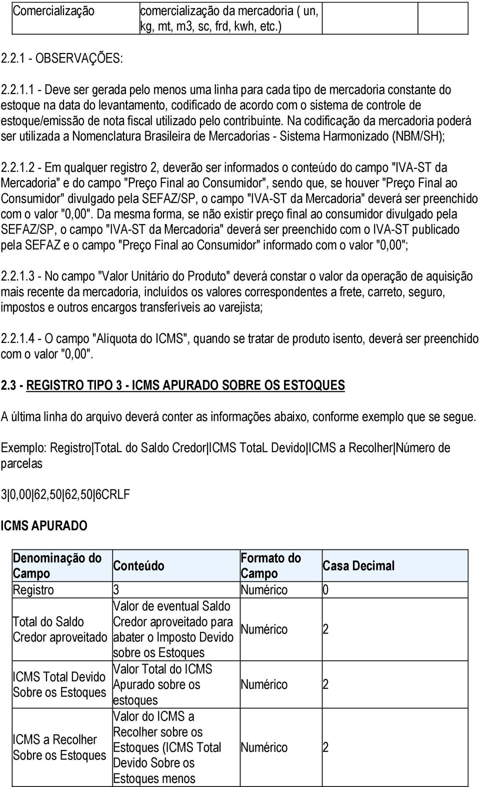 1 - Deve ser gerada pelo menos uma linha para cada tipo de mercadoria constante do estoque na data do levantamento, codificado de acordo com o sistema de controle de estoque/emissão de nota fiscal