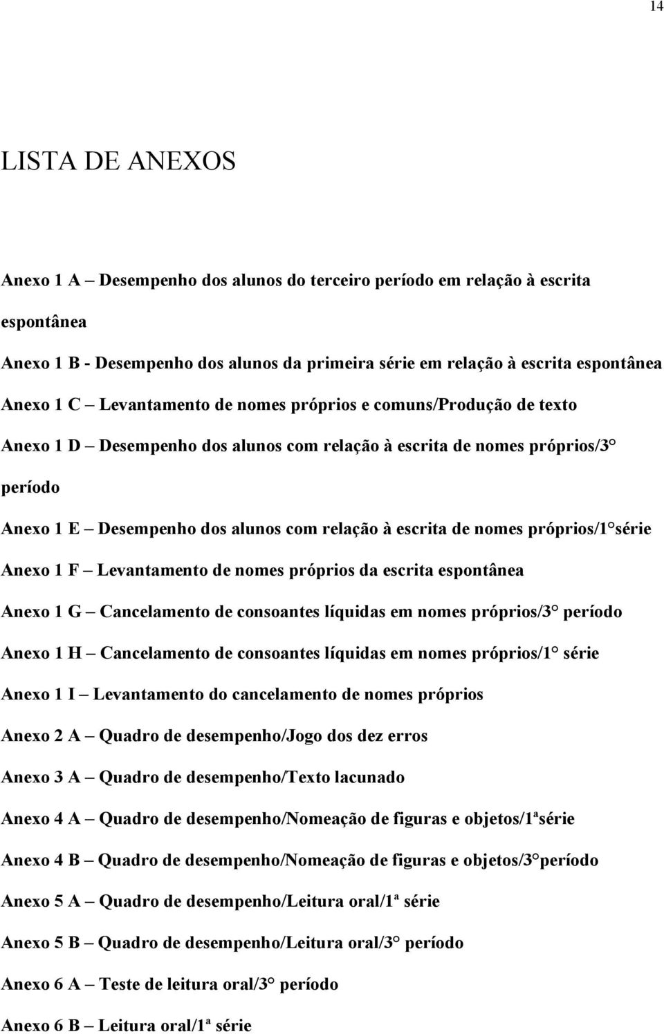 nomes próprios/1 série Anexo 1 F Levantamento de nomes próprios da escrita espontânea Anexo 1 G Cancelamento de consoantes líquidas em nomes próprios/3 período Anexo 1 H Cancelamento de consoantes