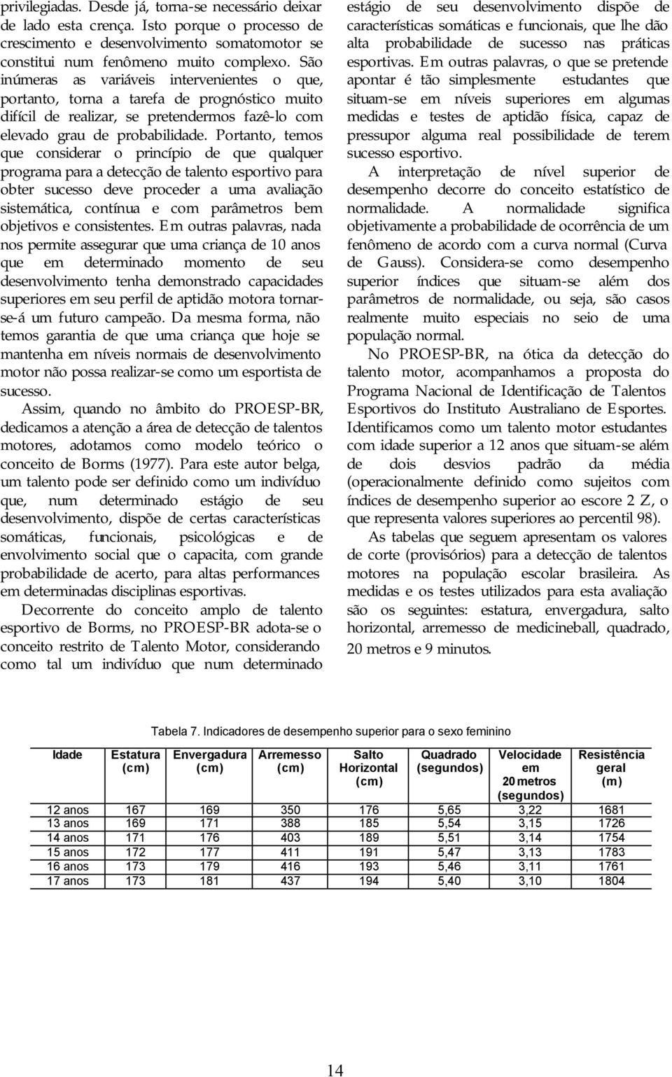 Portanto, temos que considerar o princípio de que qualquer programa para a detecção de talento esportivo para obter sucesso deve proceder a uma avaliação sistemática, contínua e com parâmetros bem