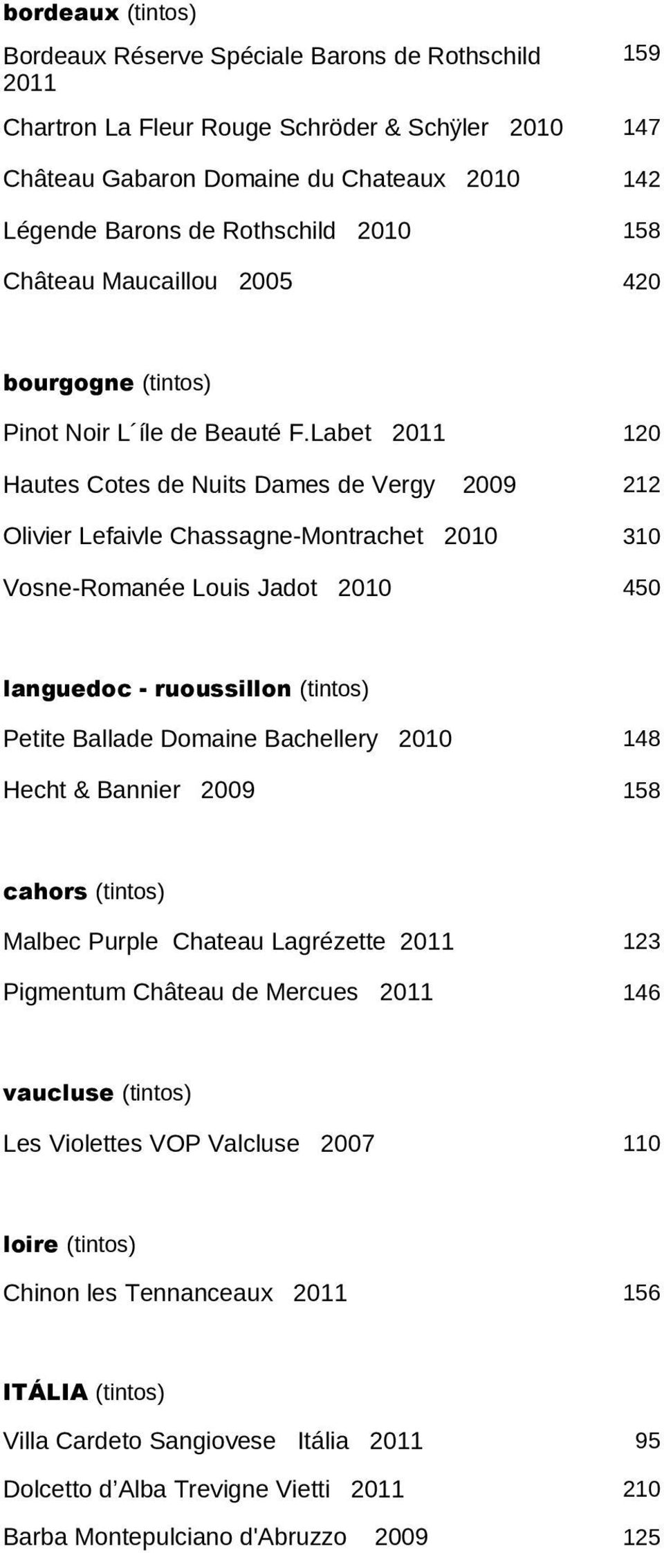 Labet 2011 120 Hautes Cotes de Nuits Dames de Vergy 2009 212 Olivier Lefaivle Chassagne-Montrachet 2010 310 Vosne-Romanée Louis Jadot 2010 450 languedoc - ruoussillon (tintos) Petite Ballade Domaine