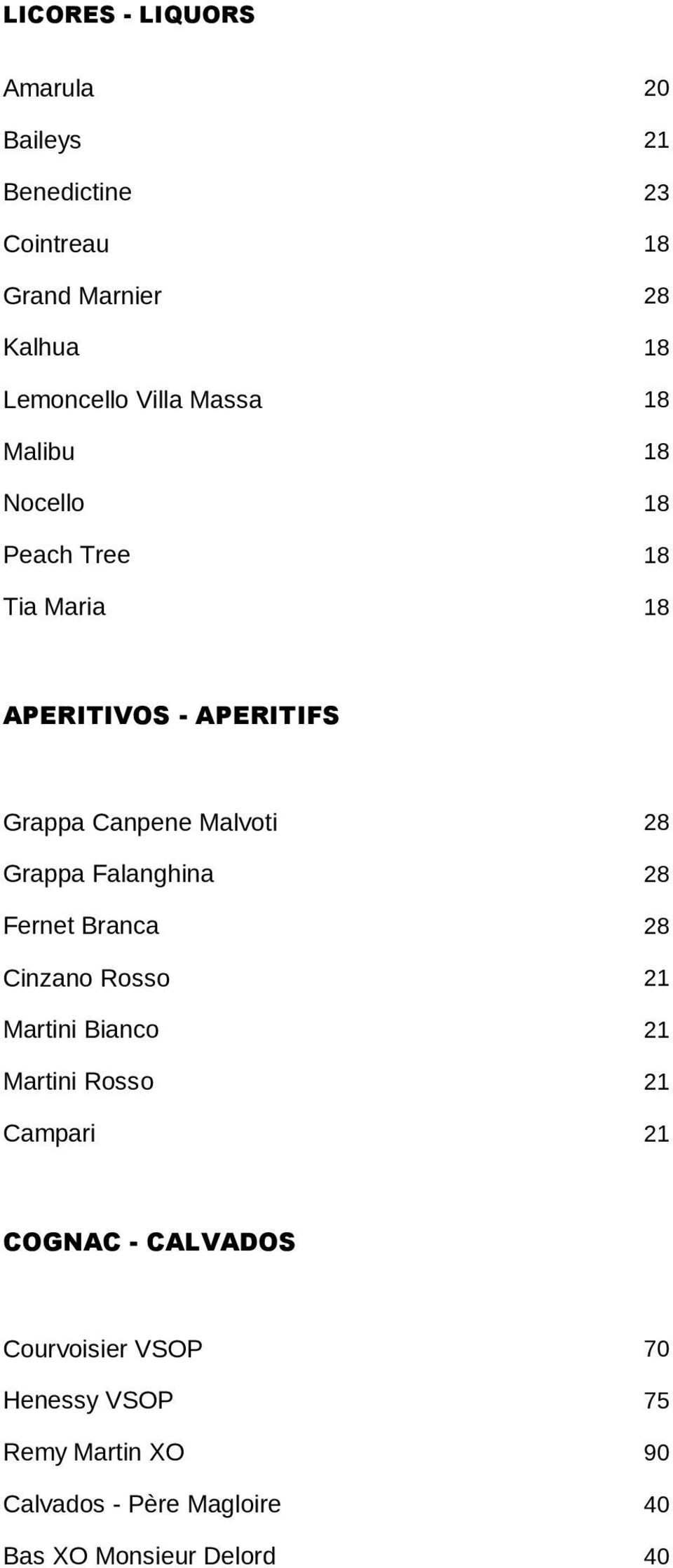 28 Grappa Falanghina 28 Fernet Branca 28 Cinzano Rosso 21 Martini Bianco 21 Martini Rosso 21 Campari 21 COGNAC