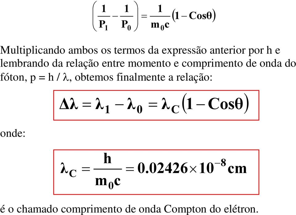 p = h / λ, obtemos finalmente a relação: λ = λ λ 0 = λc ( Cosθ) onde: λ C