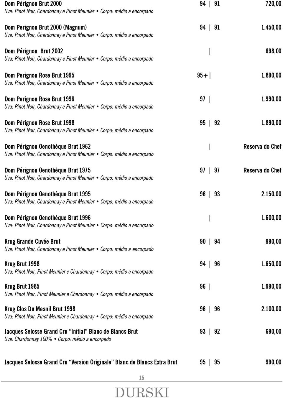 1995 95+ 1.890,00 Uva: Pinot Noir, Chardonnay e Pinot Meunier Corpo: médio a encorpado Dom Perignon Rose Brut 1996 97 1.