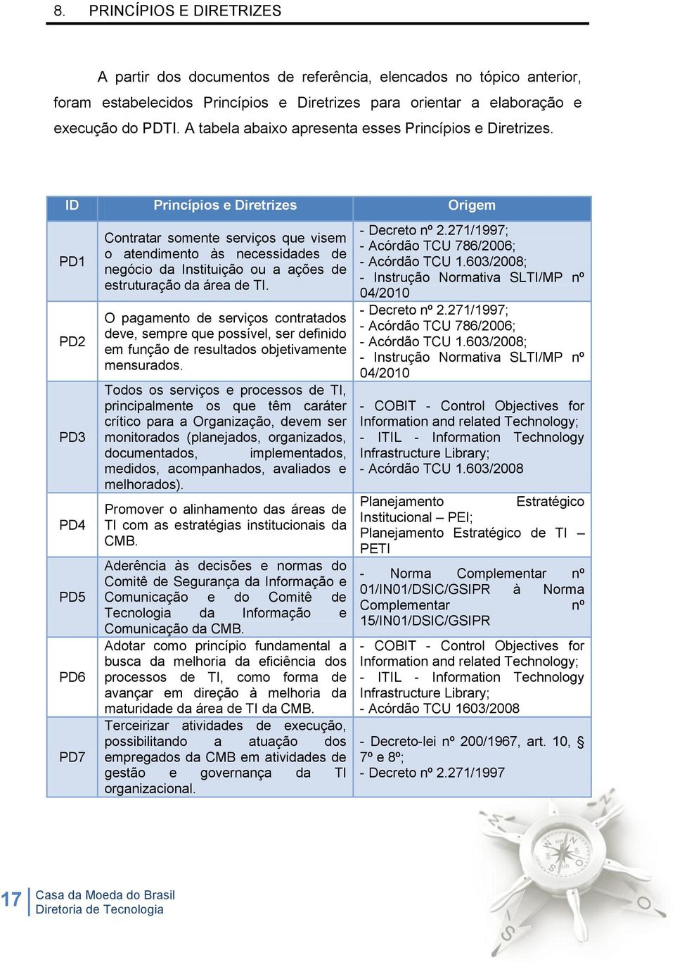 ID Princípios e Diretrizes Origem PD1 PD2 PD3 PD4 PD5 PD6 PD7 Contratar somente serviços que visem o atendimento às necessidades de negócio da Instituição ou a ações de estruturação da área de TI.