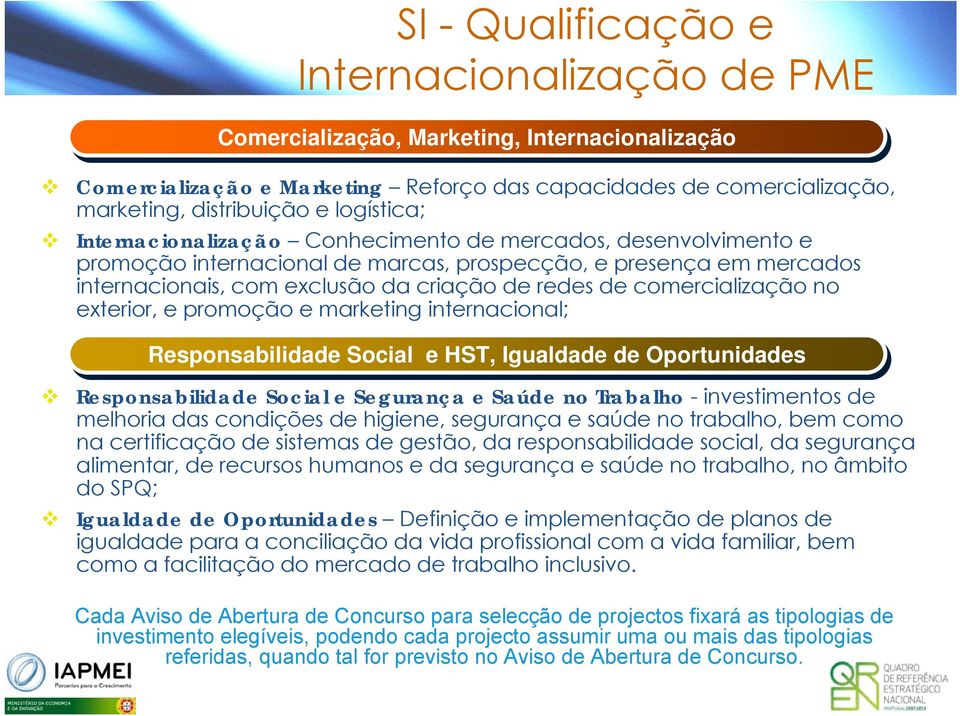 comercialização no exterior, e promoção e marketing internacional; Responsabilidade Social e HST, Igualdade de Oportunidades Responsabilidade Social e Segurança e Saúde no Trabalho - investimentos de