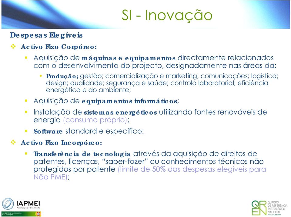 informáticos; Instalação de sistemas energéticos utilizando fontes renováveis de energia (consumo próprio); Software standard e específico: Activo Fixo Incorpóreo: SI - Inovação