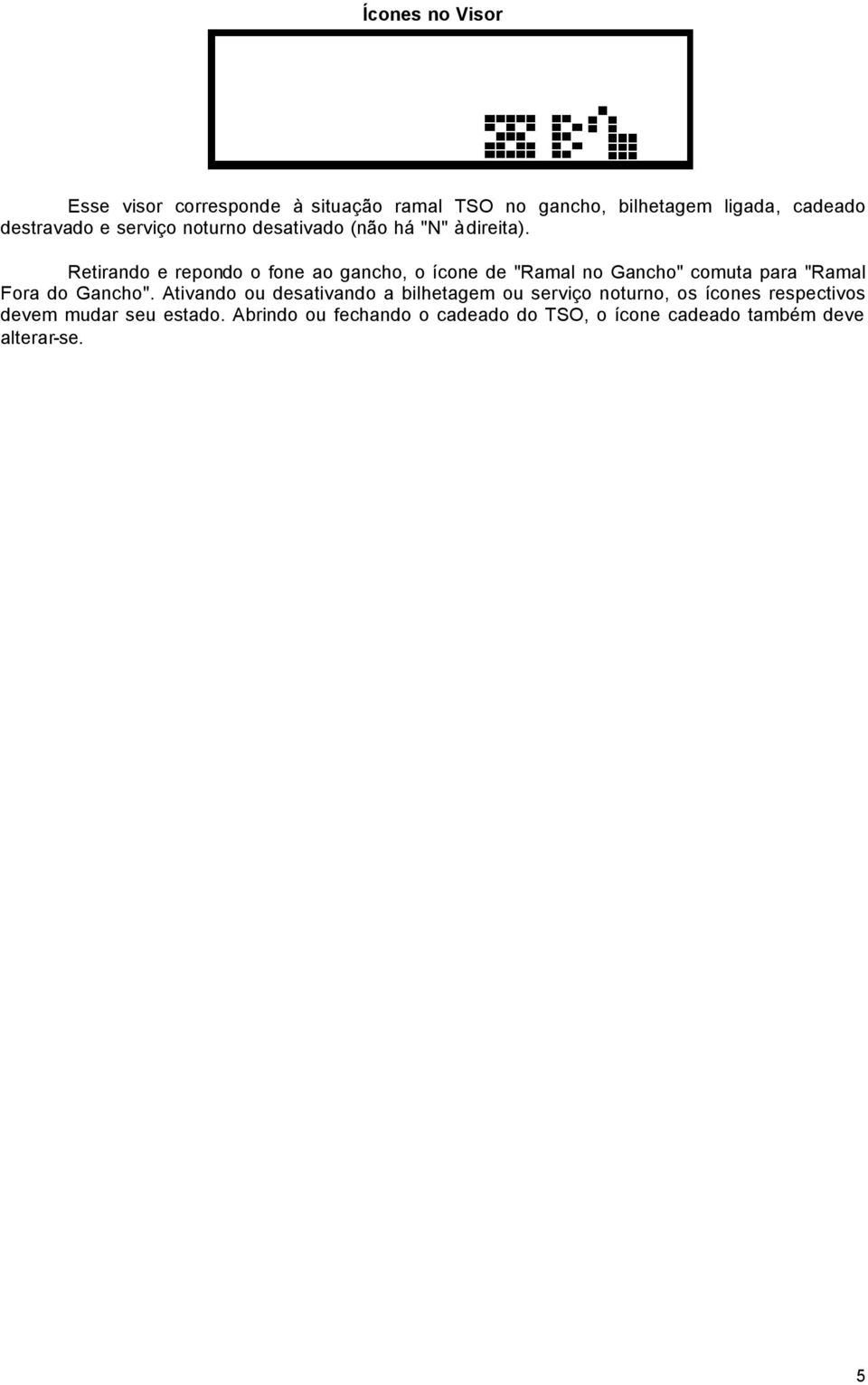 Retirando e repondo o fone ao gancho, o ícone de "Ramal no Gancho" comuta para "Ramal Fora do Gancho".