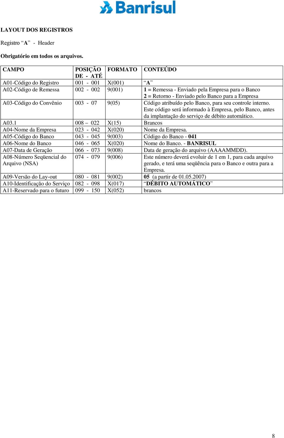 para a Empresa A03-Código do Convênio 003-07 9(05) Código atribuído pelo Banco, para seu controle interno.