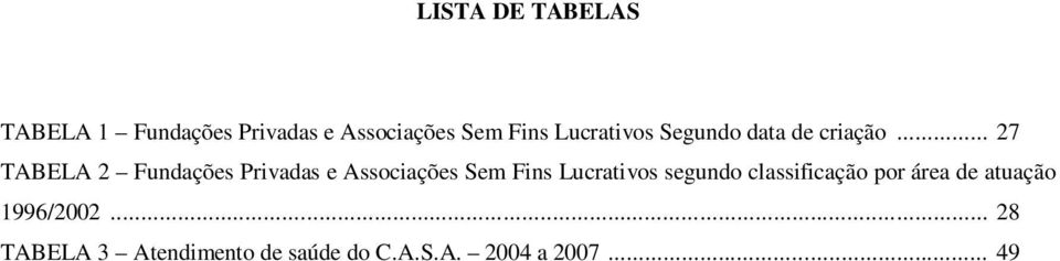 .. 27 TABELA 2 Fundações Privadas e Associações Sem Fins Lucrativos