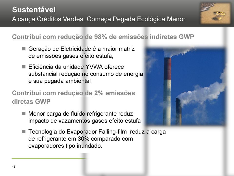 YVWA oferece substancial redução no consumo de energia e sua pegada ambiental Contribui com redução de 2% emissões diretas GWP Menor carga de fluído